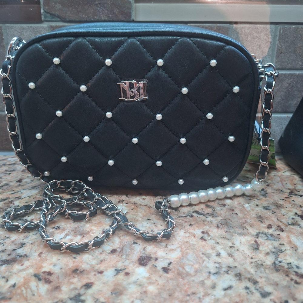 NWT Bagley Mishicka Elegant Black Quilted Bag with Pearl Accents
